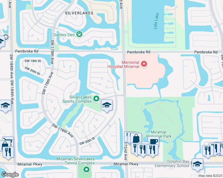 map of restaurants, bars, coffee shops, grocery stores, and more near 17318 Southwest 22nd Court in Miramar