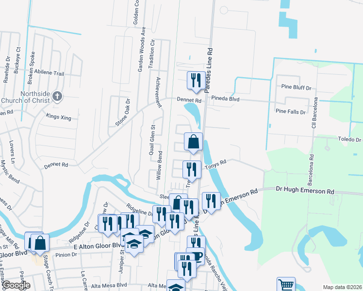 map of restaurants, bars, coffee shops, grocery stores, and more near 6006-6026 Rabbit Run Drive in Brownsville
