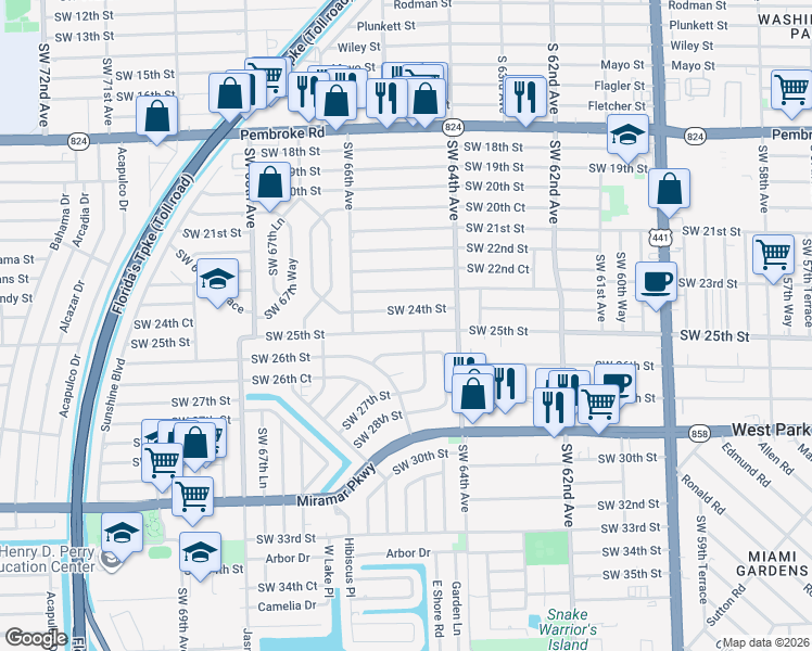 map of restaurants, bars, coffee shops, grocery stores, and more near 6445 Southwest 25th Street in Miramar