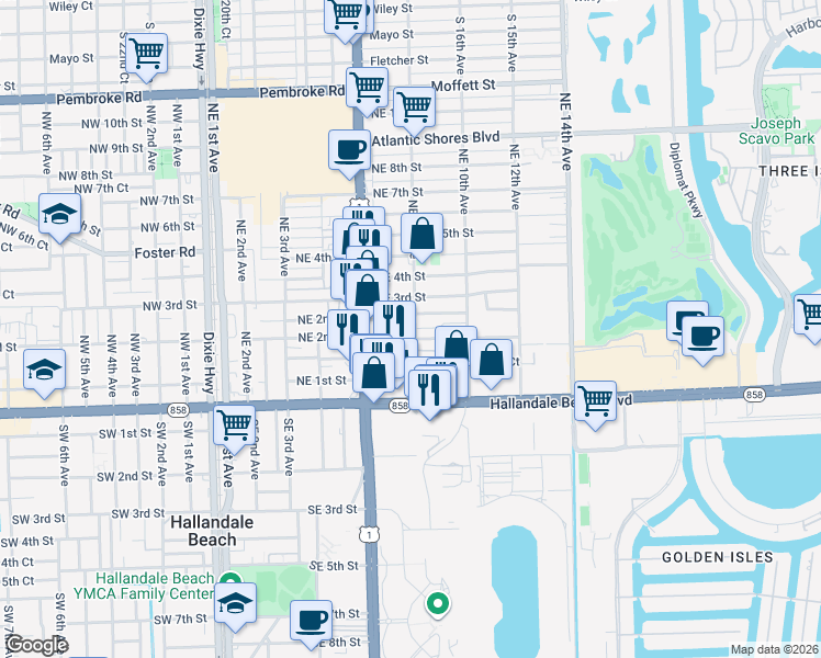 map of restaurants, bars, coffee shops, grocery stores, and more near 729 Northeast 2nd Court in Hallandale Beach