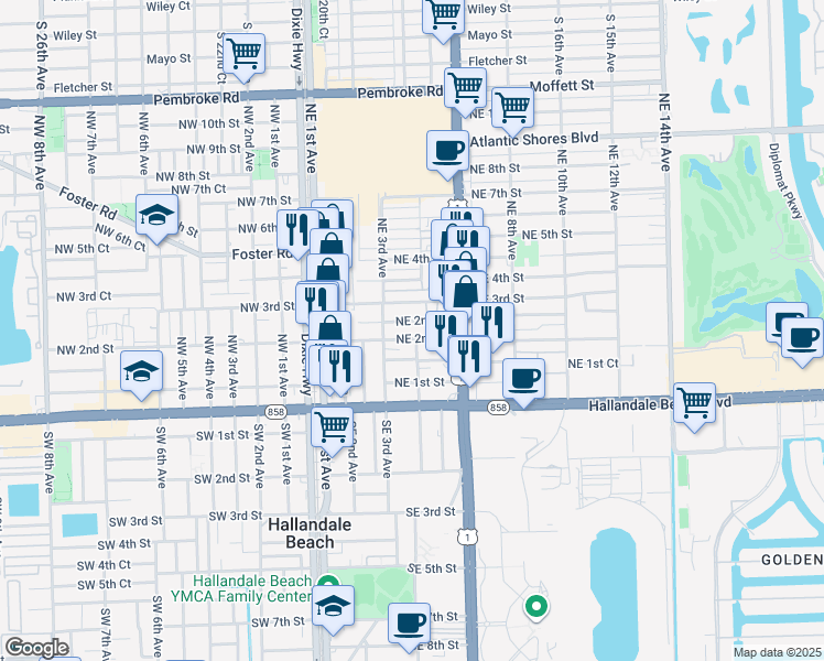 map of restaurants, bars, coffee shops, grocery stores, and more near 316 Northeast 3rd Street in Hallandale Beach
