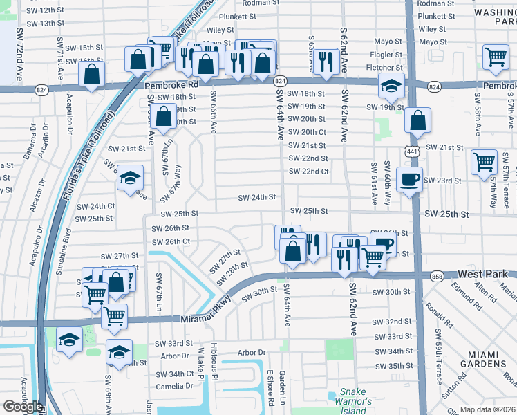 map of restaurants, bars, coffee shops, grocery stores, and more near 6445 Southwest 24th Street in Miramar