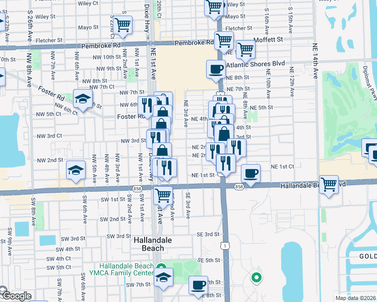 map of restaurants, bars, coffee shops, grocery stores, and more near 316 Northeast 3rd Street in Hallandale Beach