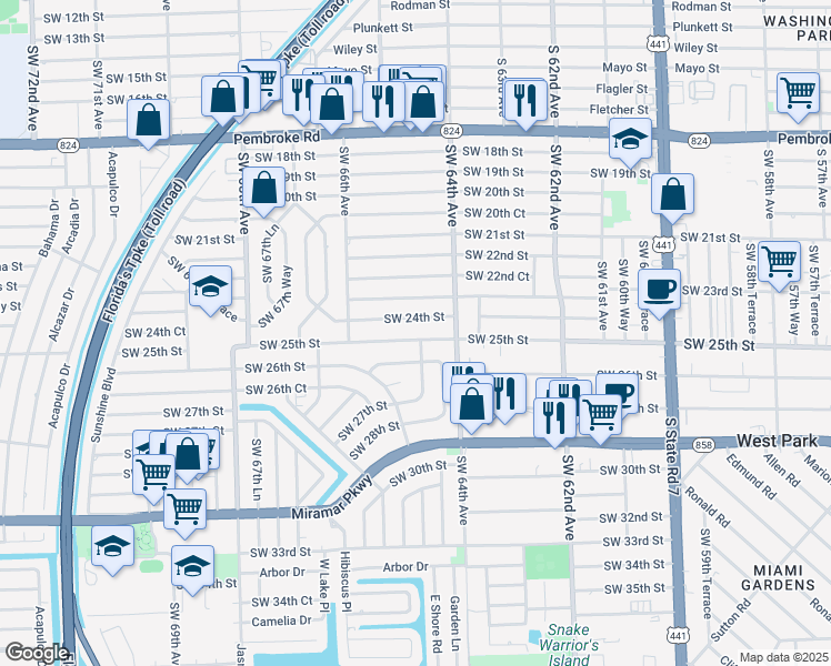 map of restaurants, bars, coffee shops, grocery stores, and more near 6445 Southwest 24th Street in Miramar