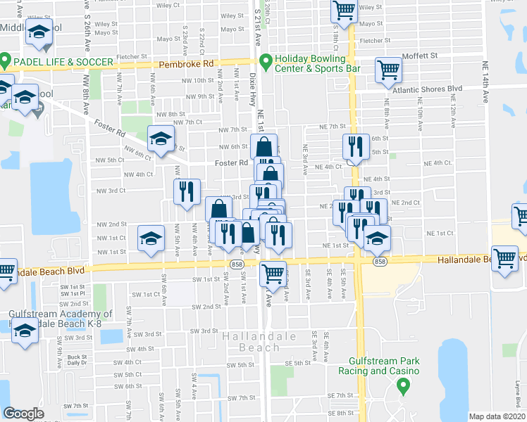 map of restaurants, bars, coffee shops, grocery stores, and more near 10 Northeast 3rd Street in Hallandale Beach