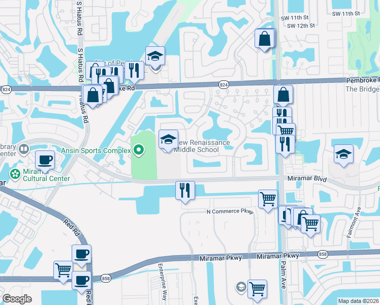 map of restaurants, bars, coffee shops, grocery stores, and more near 2302 Southwest 104th Avenue in Miramar