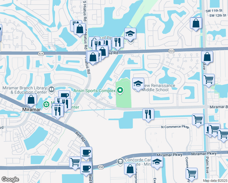 map of restaurants, bars, coffee shops, grocery stores, and more near 2160 East Preserve Way in Miramar