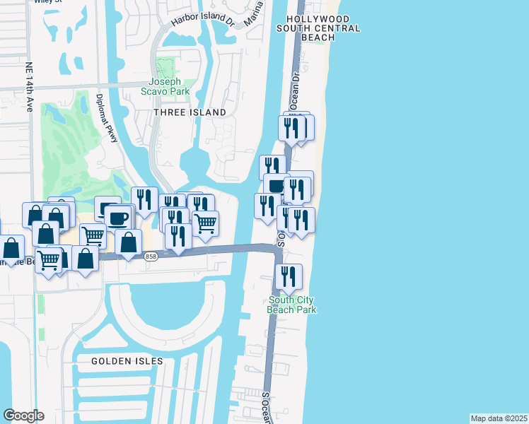 map of restaurants, bars, coffee shops, grocery stores, and more near 12 Seacrest Parkway in Hollywood