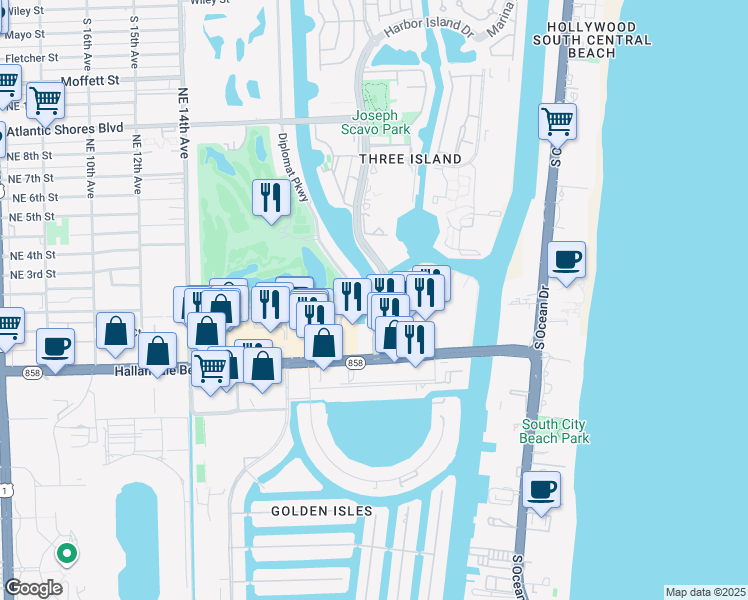 map of restaurants, bars, coffee shops, grocery stores, and more near 250 Diplomat Parkway in Hallandale Beach