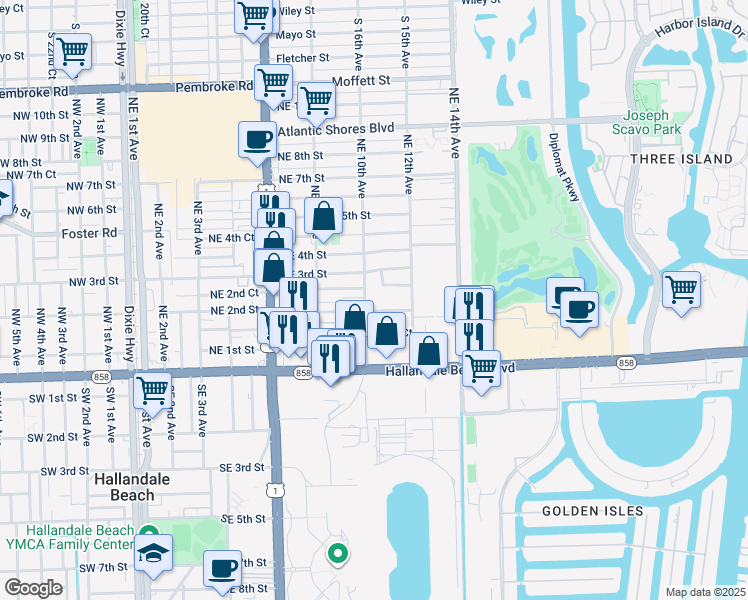 map of restaurants, bars, coffee shops, grocery stores, and more near 1103 Northeast 2nd Court in Hallandale Beach