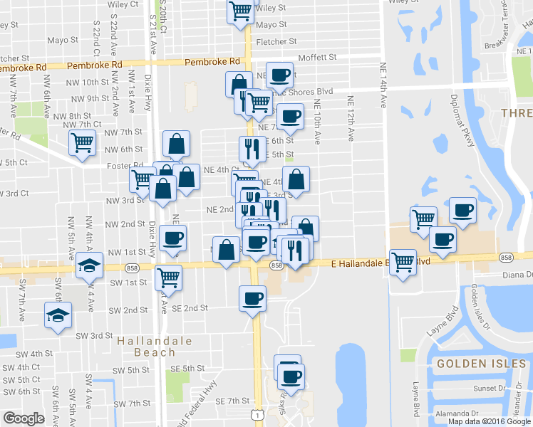 map of restaurants, bars, coffee shops, grocery stores, and more near 719 Northeast 2nd Court in Hallandale Beach