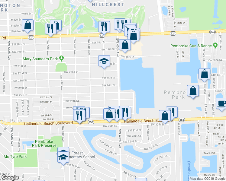 map of restaurants, bars, coffee shops, grocery stores, and more near 4016 Southwest 24th Street in West Park