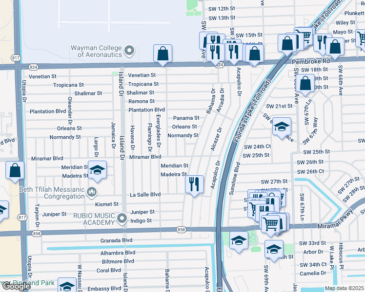 map of restaurants, bars, coffee shops, grocery stores, and more near 2311 Casablanca Drive in Miramar