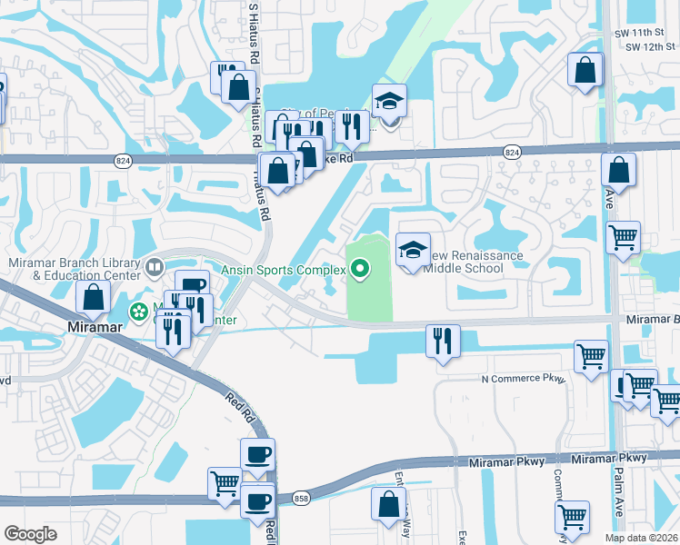 map of restaurants, bars, coffee shops, grocery stores, and more near 2160 East Preserve Way in Miramar