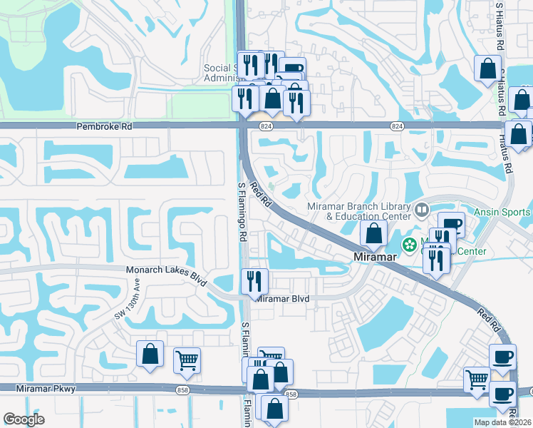 map of restaurants, bars, coffee shops, grocery stores, and more near 2474 Centergate Drive in Miramar