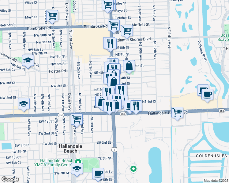 map of restaurants, bars, coffee shops, grocery stores, and more near 719 Northeast 2nd Court in Hallandale Beach