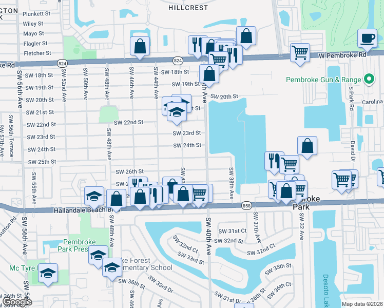 map of restaurants, bars, coffee shops, grocery stores, and more near 4016 Southwest 24th Street in West Park