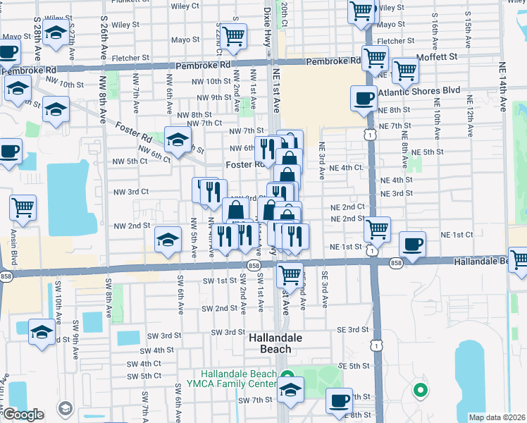 map of restaurants, bars, coffee shops, grocery stores, and more near 225 Northwest 1st Avenue in Hallandale Beach