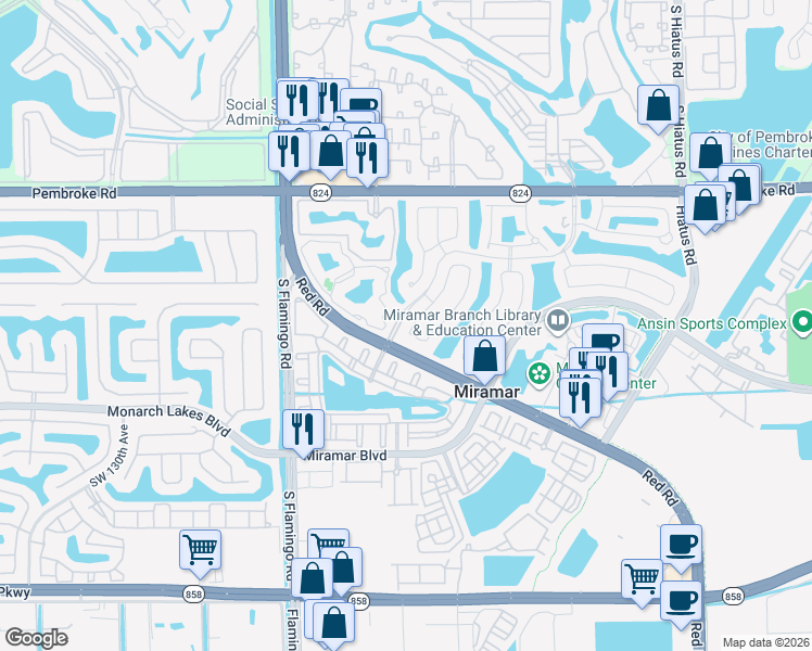map of restaurants, bars, coffee shops, grocery stores, and more near 2011 Renaissance Boulevard in Miramar