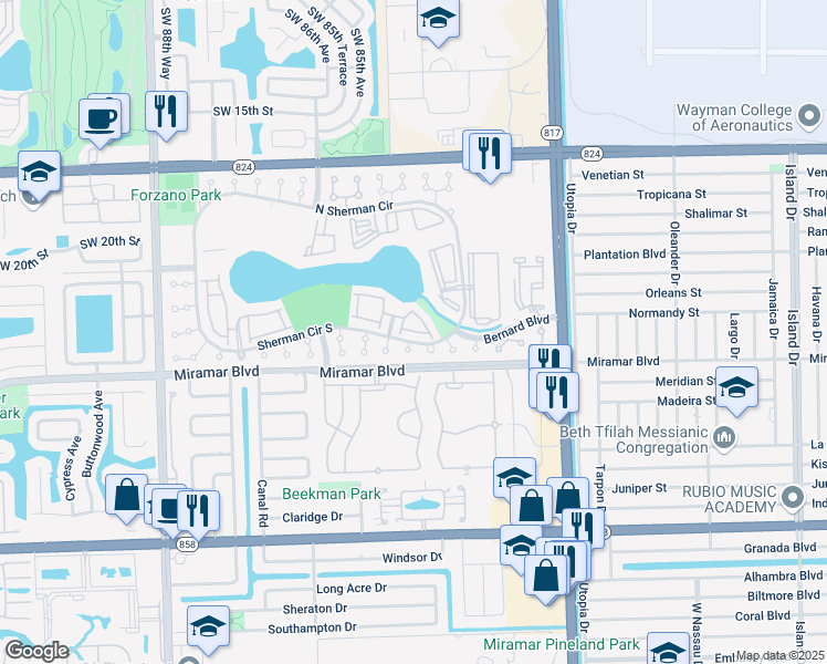 map of restaurants, bars, coffee shops, grocery stores, and more near 2261 Southwest 83rd Avenue in Miramar