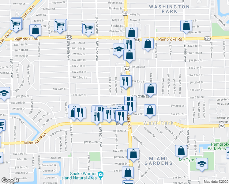 map of restaurants, bars, coffee shops, grocery stores, and more near 2316 Southwest 60th Terrace in Miramar