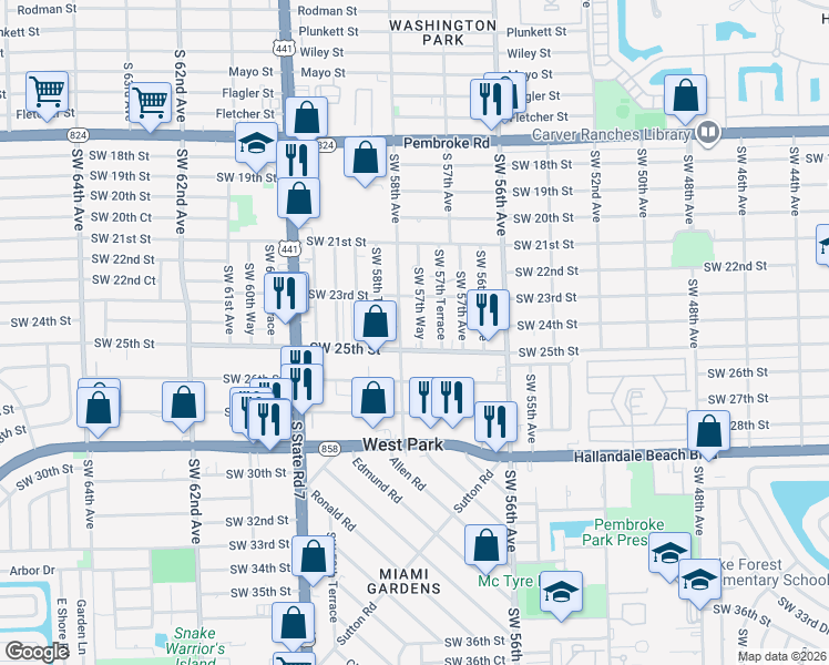 map of restaurants, bars, coffee shops, grocery stores, and more near 2322 Southwest 57th Way in West Park