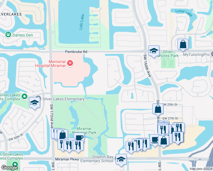 map of restaurants, bars, coffee shops, grocery stores, and more near 2236 Southwest 166th Avenue in Miramar