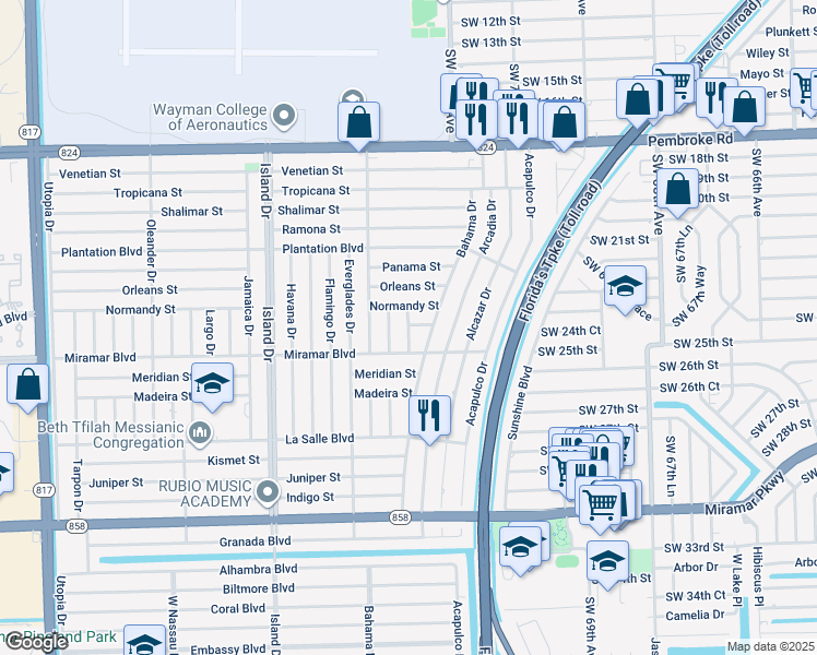 map of restaurants, bars, coffee shops, grocery stores, and more near 2311 Casablanca Drive in Miramar