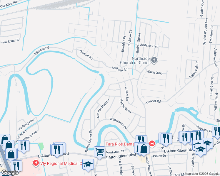 map of restaurants, bars, coffee shops, grocery stores, and more near 5462-5470 Rustic Manor in Brownsville