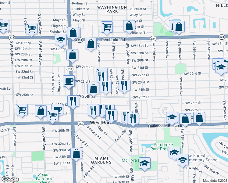 map of restaurants, bars, coffee shops, grocery stores, and more near 2316 Southwest 57th Avenue in West Park