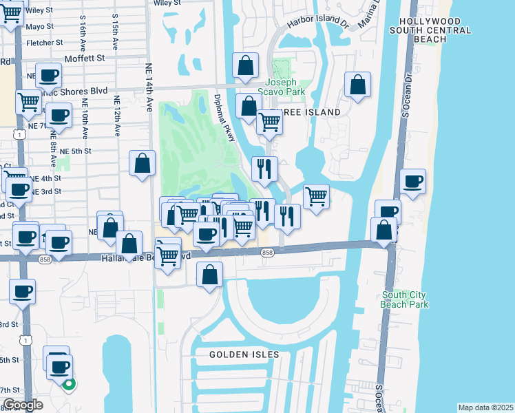 map of restaurants, bars, coffee shops, grocery stores, and more near 701 Diplomat Parkway in Hallandale Beach