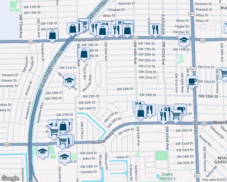 map of restaurants, bars, coffee shops, grocery stores, and more near 6533 Southwest 24th Street in Miramar