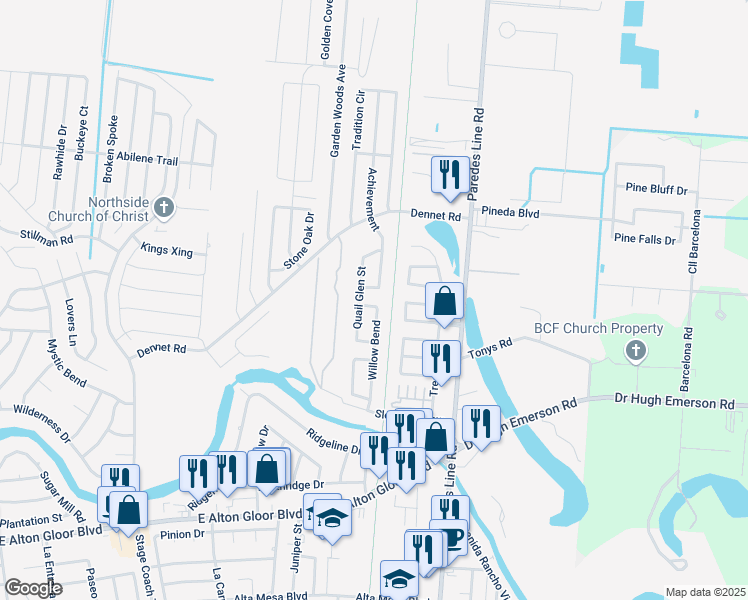 map of restaurants, bars, coffee shops, grocery stores, and more near 5408 Willow Bend in Brownsville