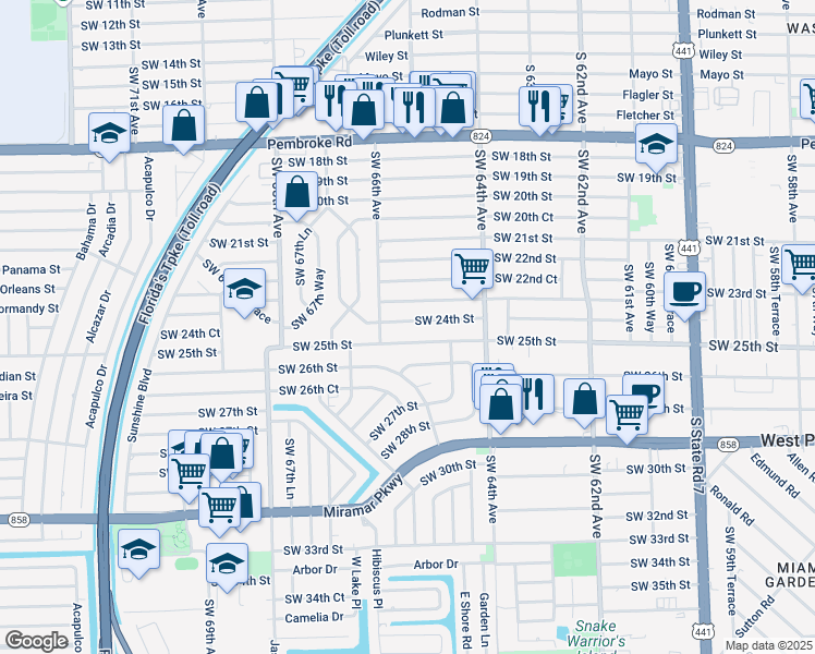 map of restaurants, bars, coffee shops, grocery stores, and more near 6533 Southwest 24th Street in Miramar