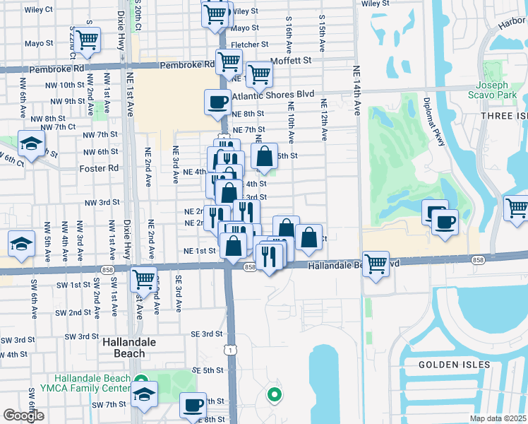 map of restaurants, bars, coffee shops, grocery stores, and more near 729 Northeast 2nd Court in Hallandale Beach