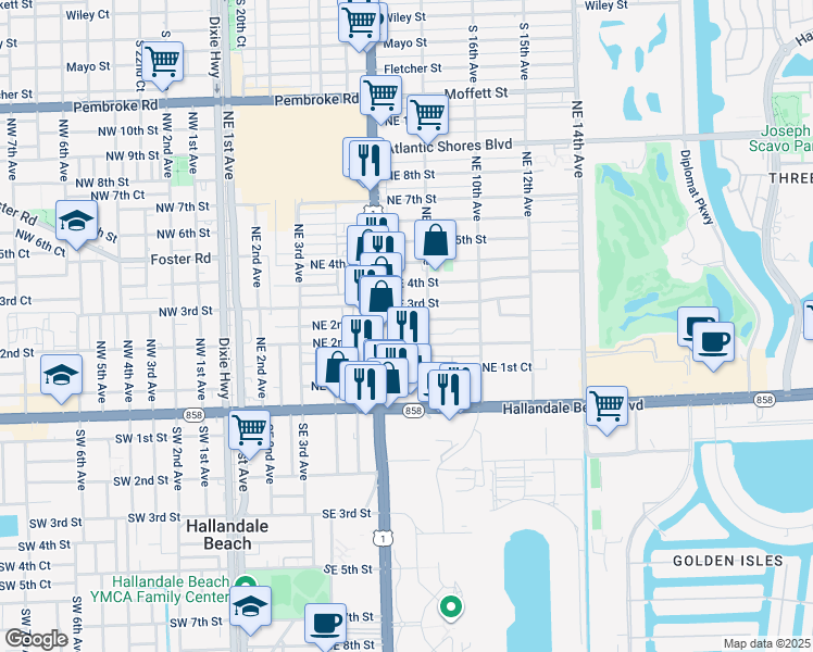 map of restaurants, bars, coffee shops, grocery stores, and more near 719 Northeast 2nd Court in Hallandale Beach