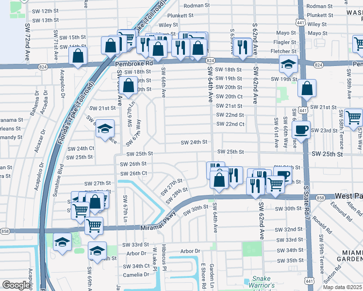 map of restaurants, bars, coffee shops, grocery stores, and more near 6445 Southwest 24th Street in Miramar