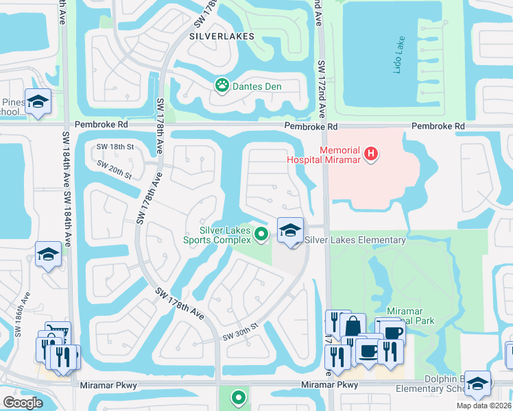 map of restaurants, bars, coffee shops, grocery stores, and more near 17462 Southwest 21st Court in Miramar