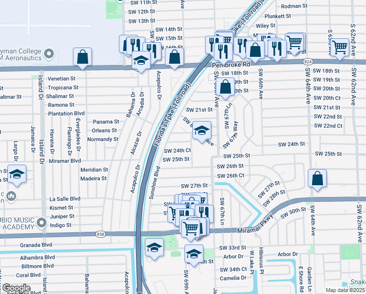 map of restaurants, bars, coffee shops, grocery stores, and more near 6920 Southwest 24th Street in Miramar