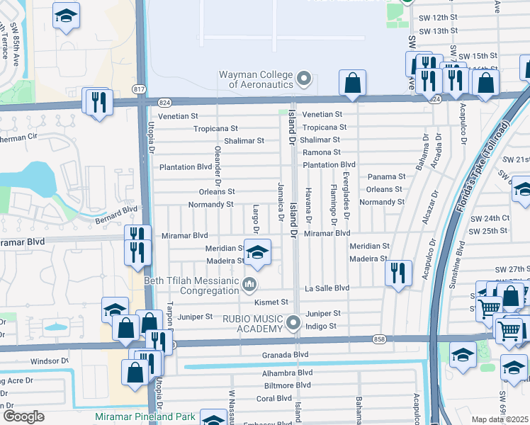 map of restaurants, bars, coffee shops, grocery stores, and more near 2310 Jamaica Drive in Miramar