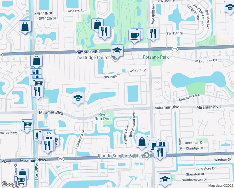 map of restaurants, bars, coffee shops, grocery stores, and more near 9300 Chelsea Drive in Miramar