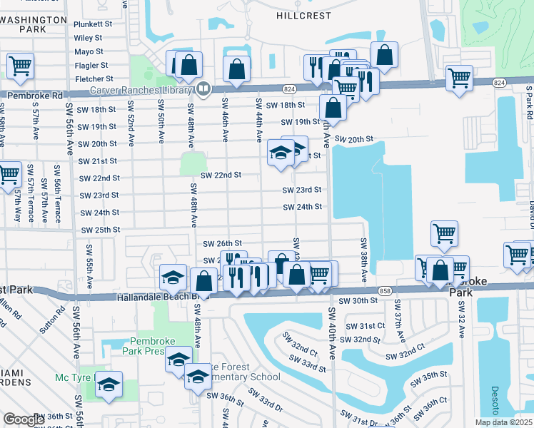 map of restaurants, bars, coffee shops, grocery stores, and more near 4851 Southwest 24th Street in West Park