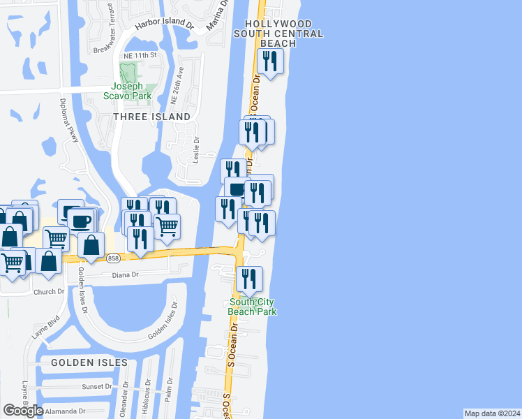 map of restaurants, bars, coffee shops, grocery stores, and more near 3803 South Ocean Drive in Hollywood