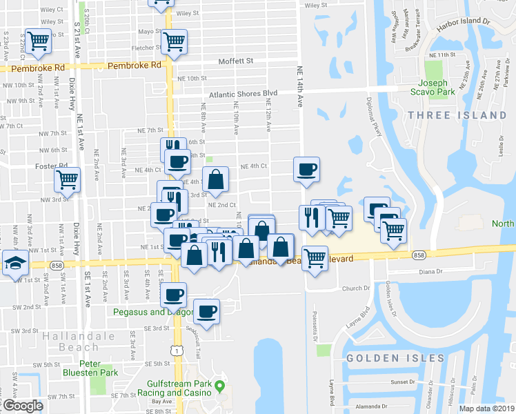 map of restaurants, bars, coffee shops, grocery stores, and more near 1103 Northeast 2nd Court in Hallandale Beach