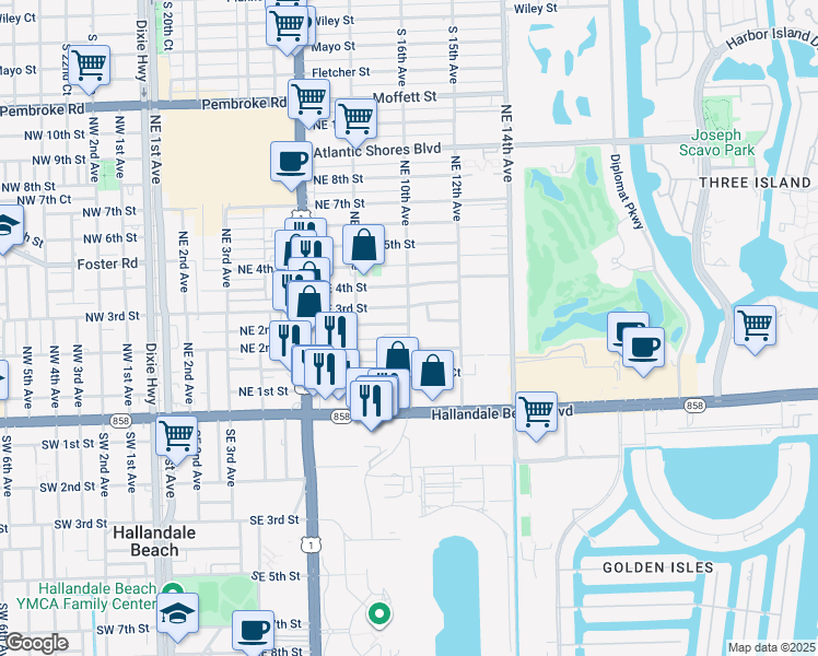 map of restaurants, bars, coffee shops, grocery stores, and more near 907 Northeast 2nd Court in Hallandale Beach
