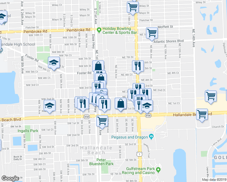 map of restaurants, bars, coffee shops, grocery stores, and more near 206 Northeast 3rd Street in Hallandale Beach