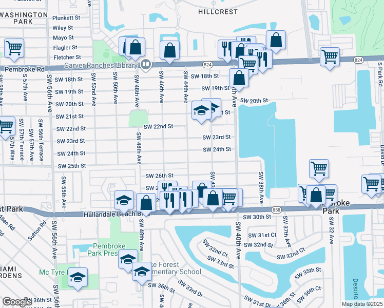 map of restaurants, bars, coffee shops, grocery stores, and more near 4851 Southwest 24th Street in West Park