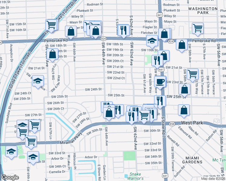 map of restaurants, bars, coffee shops, grocery stores, and more near 6339 Southwest 24th Street in Miramar