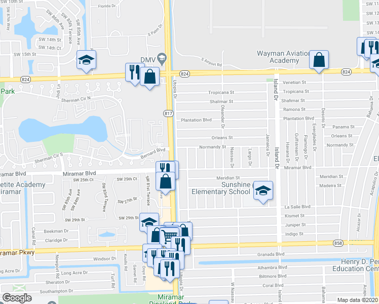 map of restaurants, bars, coffee shops, grocery stores, and more near 2310 Sabal Palm Drive in Miramar