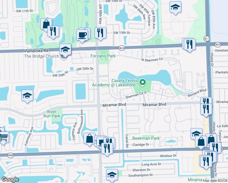 map of restaurants, bars, coffee shops, grocery stores, and more near 2262 Southwest 87th Terrace in Miramar